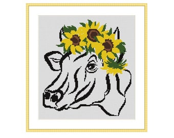 Cow with Sunflowers Cross Stitch Pattern: Easy Farmhouse Design (PDF Pattern)