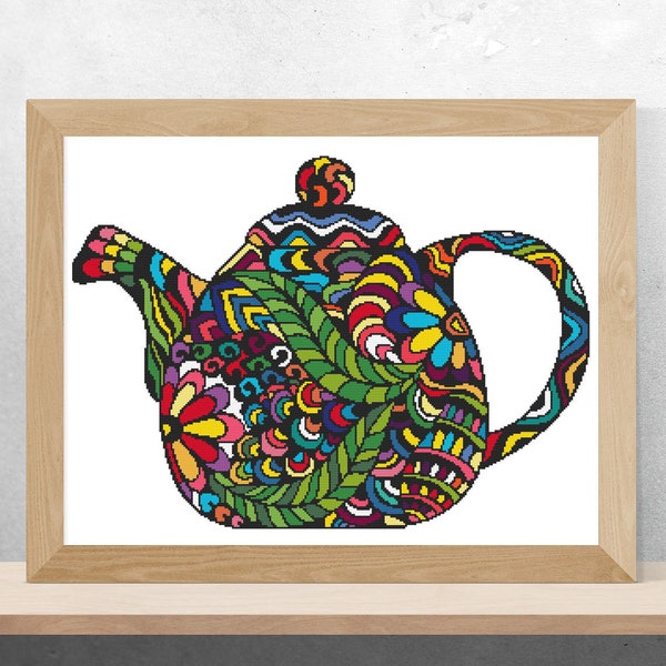 Teapot cross stitch pattern mandala coffee shop bakery kitchen cup mug tea embroidery winter autumn porcelain kettle teakettle steamer PDF