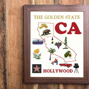 カリフォルニアのクロスステッチパターン、クロスステッチの都市、クロスステッチの地図、クロスステッチの旅行、アメリカのクロスステッチ、サンフランシスコ、カリフォルニアの地図