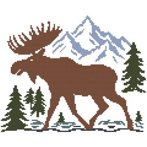 May include: Cross-stitch design featuring a brown moose with large antlers, walking in front of blue mountains and green pine trees. The design is set against a white background, with a green and brown border.
