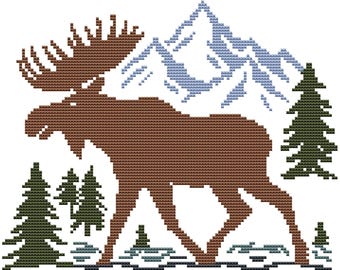 Moose Cross Stitch Pattern • Mountain Forest Scene • Canada Scandinavian Wilderness • Beginner Friendly PDF 5 colors 118 x 95 stitches