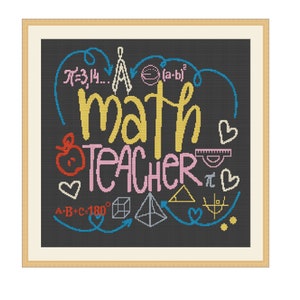 May include: A black chalkboard with the words "math teacher" in colourful letters surrounded by maths symbols and doodles, including a protractor, compass, apple, and hearts.
