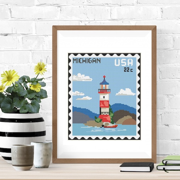 Lighthouse cross stitch pattern, michigan cross stitch state map