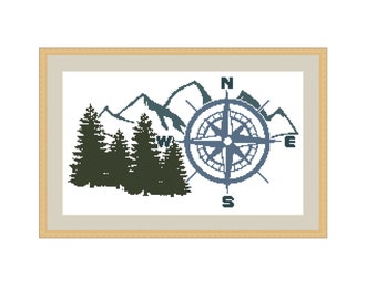Compass Mountains Cross Stitch Pattern, Adventure Theme (PDF Pattern)