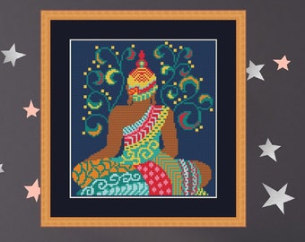 Buddha sitting with mandala decor cross stitch pattern zentangle lotus flower esoteric spiritual art meditation 97 x 106 Stitches