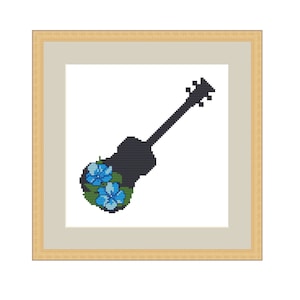 Guitar cross stitch, Blue Flower cross stitch, Hawaii Ukulele Cross Stitch Pattern DIY embroidery Project only 7 colors and 83 x 83 Stitches