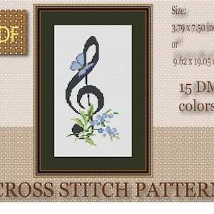 May include: Cross stitch pattern featuring a treble clef with a butterfly and forget-me-not flowers. The pattern is 3.79 inches by 7.50 inches and uses 15 DMC colors.