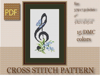 Treble Clef Butterfly Cross Stitch Pattern: Floral Music Design (PDF)