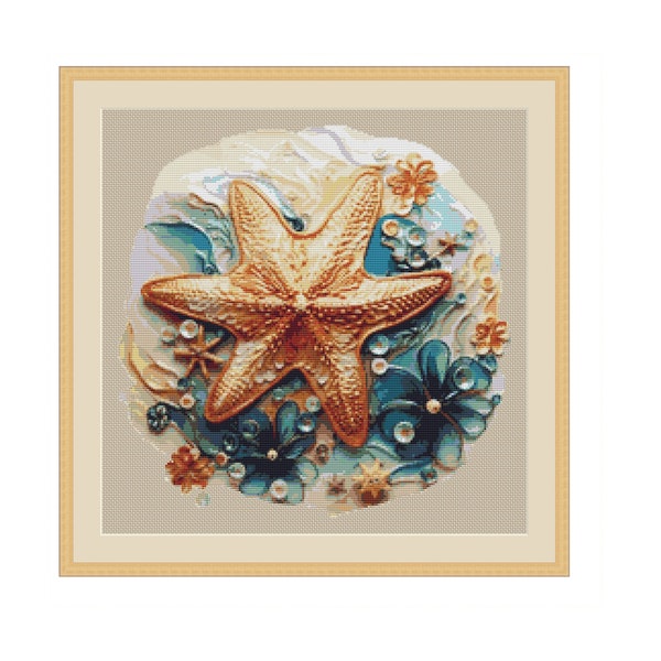 Watercolor Sea Star Cross Stitch Pattern tropical PDF 3d effect embroidery 35 Colors Pattern only 192 x 192 Stitches