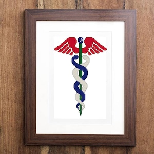 Caduceus cross stitch pattern medical logo doctor symbol staff Hermes embroidery snake wings Mercury army patient icon ancient poison occult