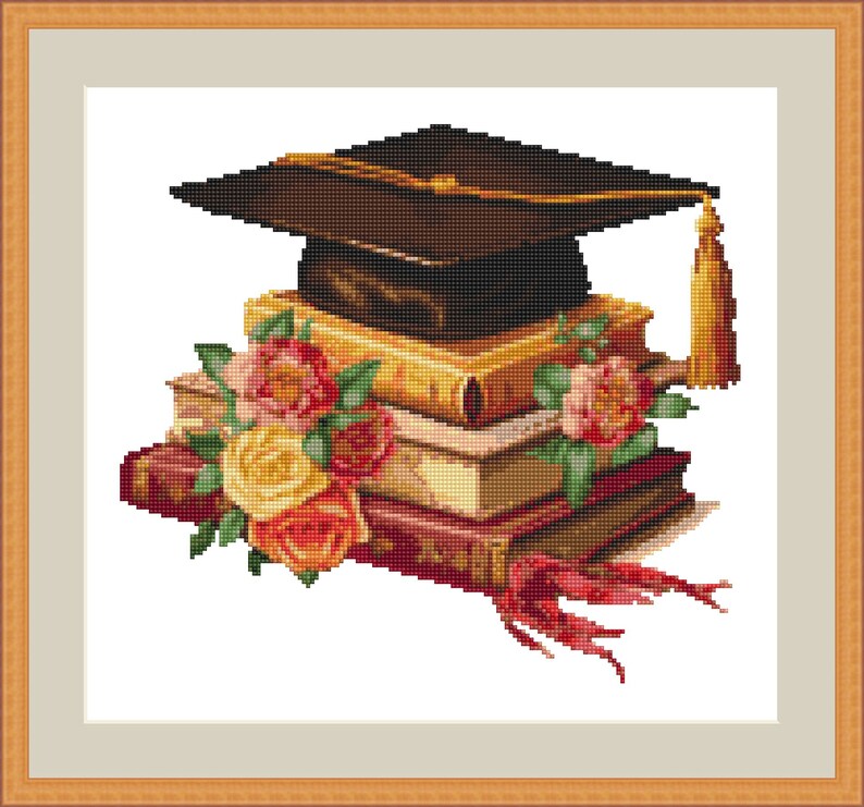Grad Cap Cross Graduation Cap Cross Stitch Pattern: Floral Books DIY Gift (PDF Pattern ...