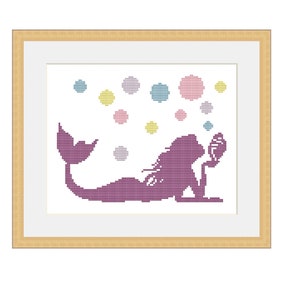 Mermaid Cross Stitch pattern, mermaid embroidery, baby cross stitch, beginner original nursery Embroidery, 102 x 77 stitches, 5 colors