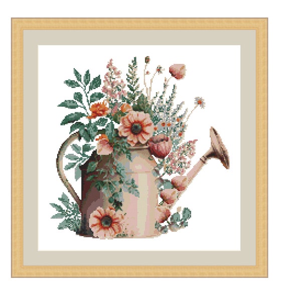 Flower cross stitch pattern Watercolor watering can cross stitch pattern, mother day embroidery, no back stitch, no blending colors