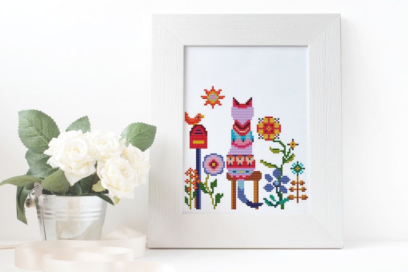 Cat cross stitch pattern garden spring EMBROIDERY