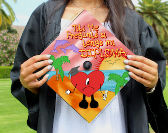 Bad Bunny Graduation Cap | PRINTED Grad Cap Topper | last minute graduation cap, simple grad cap, un verano sin ti designs, titi me pregunto
