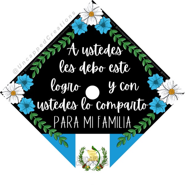 Guatemalan Grad Cap Design | CARDSTOCK Graduation Cap Design | blue flowers, white flowers, vines, Guatemalan flag, spanish quote