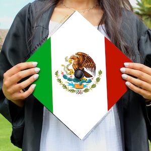 May include: A graduation cap decorated with the Mexican flag. The flag features a green, white, and red color scheme with the Mexican coat of arms in the center.