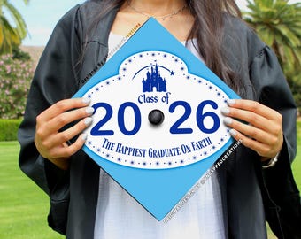Happiest Graduate on Earth Graduation Cap | PRINTED Grad Cap Topper | last minute graduation cap, simple grad cap, magic castle, badge
