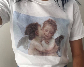 First Kiss Angels William-Adolphe Bouguereau Aesthetic Tumblr T-Shirt White Blac 