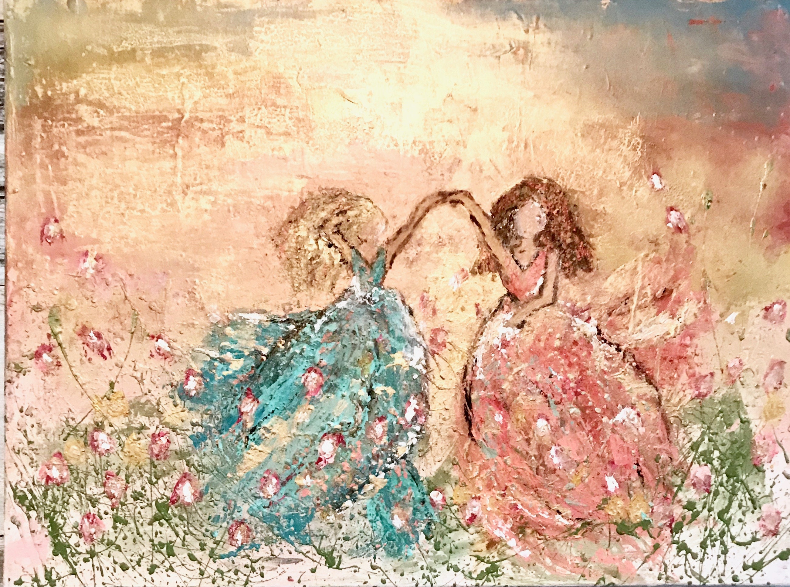 Painted Canvas Textured Dancing Girls Flowers Acrylics Etsy