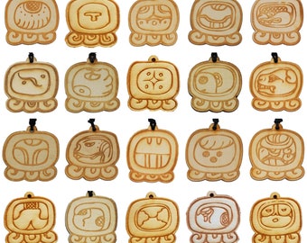 CHOOSE YOURS - Mayan Tzolkin Nagual Amulet, Mayan Calendar, Horoscope, Astrology Jewelry, Laser engraved, Wooden Necklace, Palo Santo oil