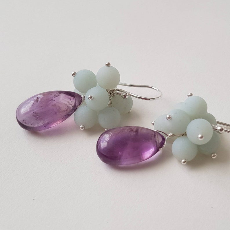 Sterling silver amazonite cluster and amethyst drop earrings matt and polished textures
