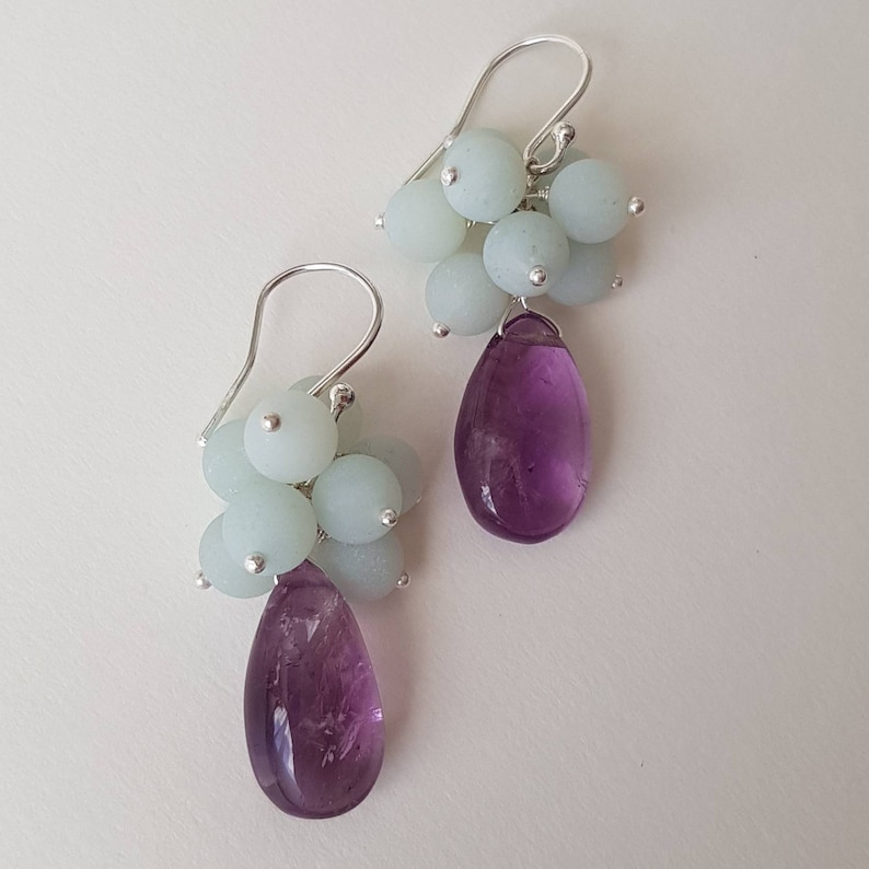 Sterling silver amazonite cluster and amethyst drop earrings matt and polished textures