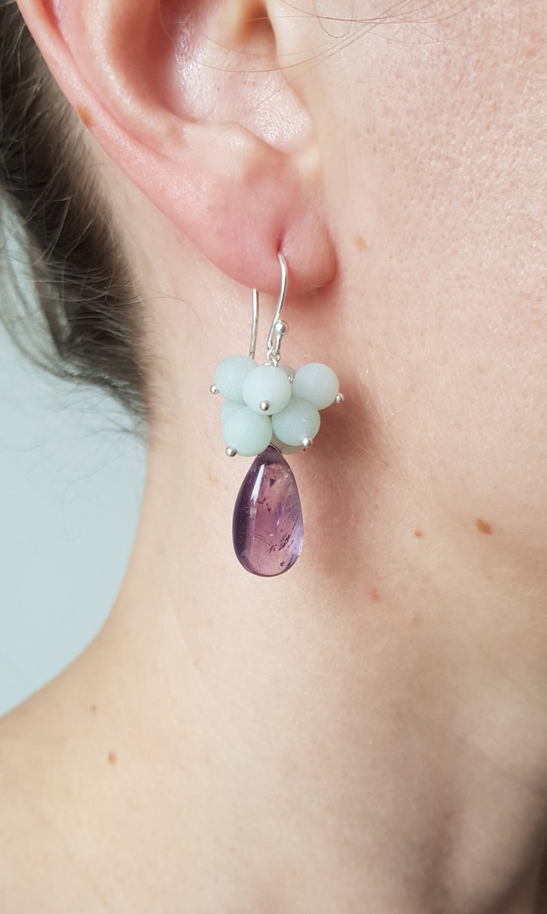 Sterling silver amazonite cluster and amethyst drop earrings matt and polished textures