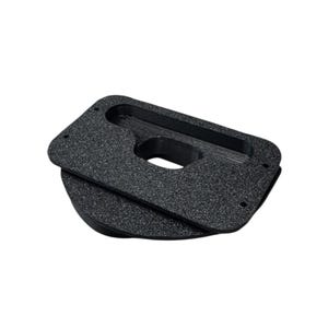 May include: Black plastic mount with a textured surface and a cutout for a device. The mount has a circular opening in the center.