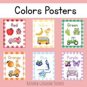 May include: A set of six watercolor "Colors Posters" with a rainbow gingham theme. Each poster features a different color: red, yellow, green, orange, blue, and purple. Each color poster displays related objects, such as a red apple and a yellow banana.
