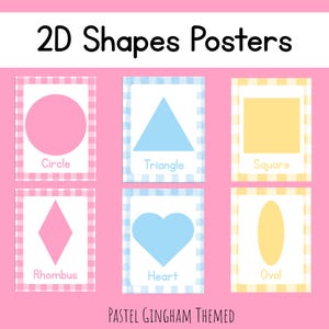 Gingham Shape Posters | Pastel Classroom Decor | 2D Shapes | Homeschool Printables | Pink, Yellow, Blue Gingham Decor | Pastel Shapes Poster