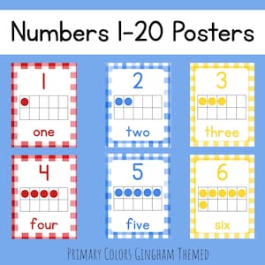May include: A set of educational posters labeled Numbers 1-20 Posters and Primary Colors Gingham Themed. Each card displays a number, its written word, and a ten-frame with colored dots in red, blue, or yellow, framed by a matching gingham border.