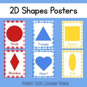 Gingham Shape Posters | Primary Colors Classroom Decor | 2D Shapes | Homeschool Printables | Red, Yellow, Blue Gingham Decor | Shapes Poster