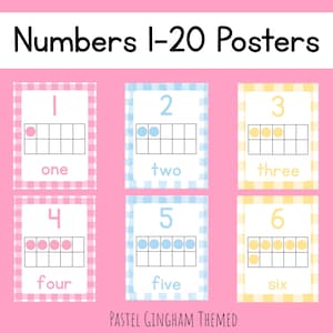 Poster con numeri a quadretti da 1 a 20 / Blu pastello, giallo e rosa / Decorazioni per la classe / Poster con numeri e cornici da 10 / Materiali stampabili per la scuola domestica