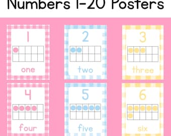 Gingham Number Posters 1–20 | Pastel Blue, Yellow & Pink | Classroom Decor | Number Posters with Ten Frames | Homeschool Printables