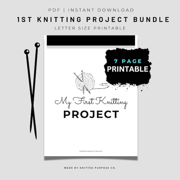 1st Knitting Pattern Project Starter Kit Editable/Printable, Learning To Knit PDF, Knitting For Beginners, Knit 101 7 Pages Instant Download