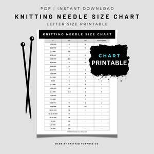 May include: A printable knitting needle size chart with black text on a white background. The chart includes needle sizes in mm, US, UK, and crochet sizes. Two black knitting needles are on the left side of the chart.