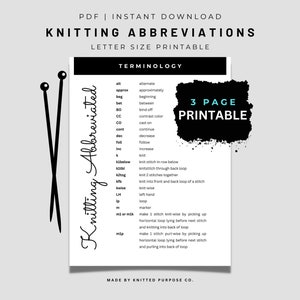 Basic Knit Terms/Abbreviations Printable, Learn How To Knit PDF, Knitting For Beginners, Knitting Pattern Basics, Letter Instant Download