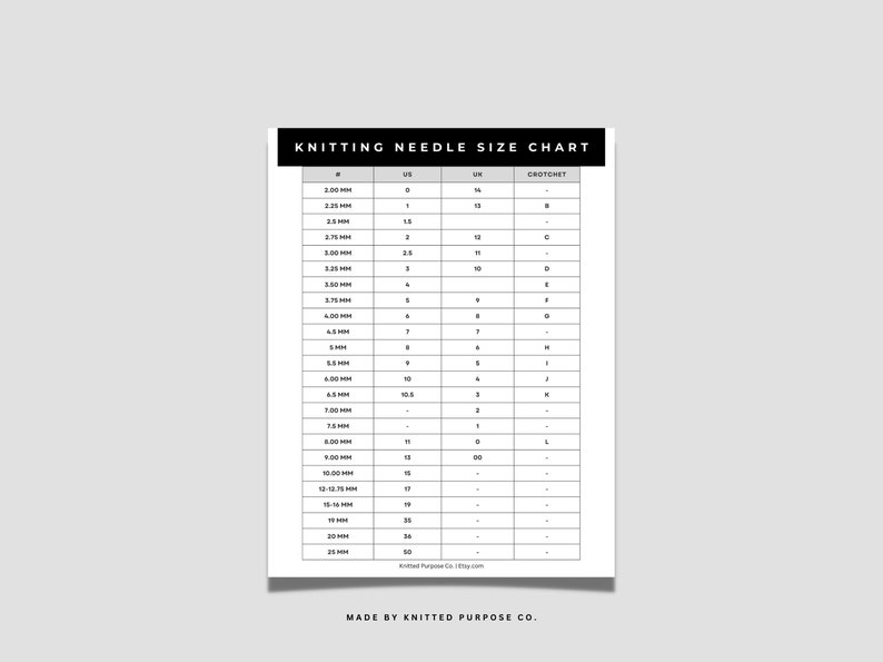 Knitting Needle Size Chart Printable: Beginner Knitting Basics (PDF) - Etsy