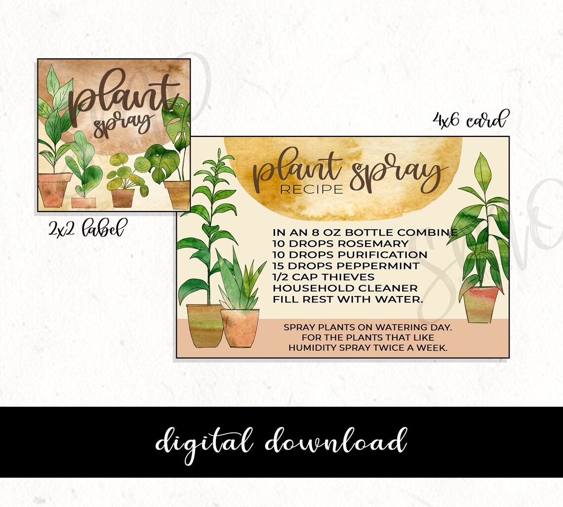 Plant spray label and recipe card essential oil plant spray Etsy