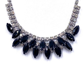 Vintage Bib Necklace Black and Clear Rhinestones Silver Tone Setting / Vintage Costume Jewelry