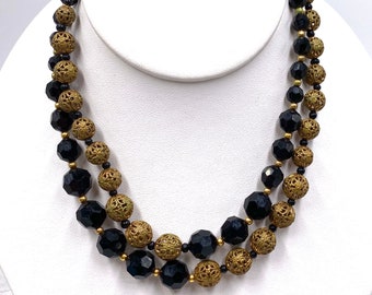 Vintage Signed Marvella 2 Strand Gold Black Bead Necklace / Vintage Costume Jewelry