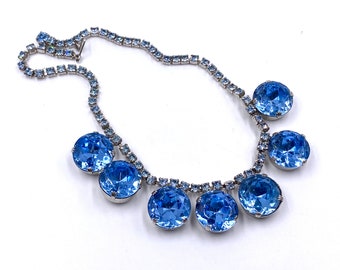 Vintage Blue Rhinestone Necklace Silver Tone Setting / Vintage Costume Jewelry