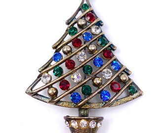 Vintage Signed Eisenberg Ice Christmas Tree Brooch Rhinestones Gold Tone / Vintage Costume Jewelry