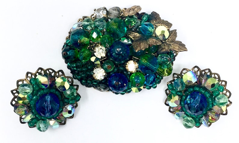 Vintage Kramer Blue Green Rhinestone Brooch Earring Set Gold Tone Metal Accents Vintage Costume Jewelry