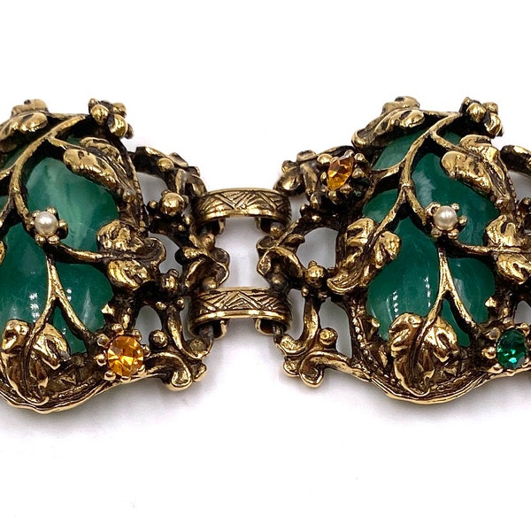 Vintage Chunky Link Panel Bracelet Green Lucite Rhinestone Accents Antique Gold Tone / Vintage Costume Jewelry