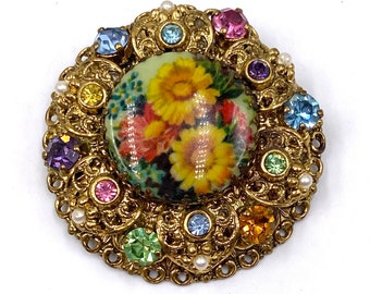 Vintage Unsigned West Germany Brooch Flower Floral Design Filigree Gold Tone Setting / Vintage Costume Jewelry