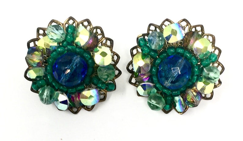 Vintage Kramer Blue Green Rhinestone Brooch Earring Set Gold Tone Metal Accents Vintage Costume Jewelry