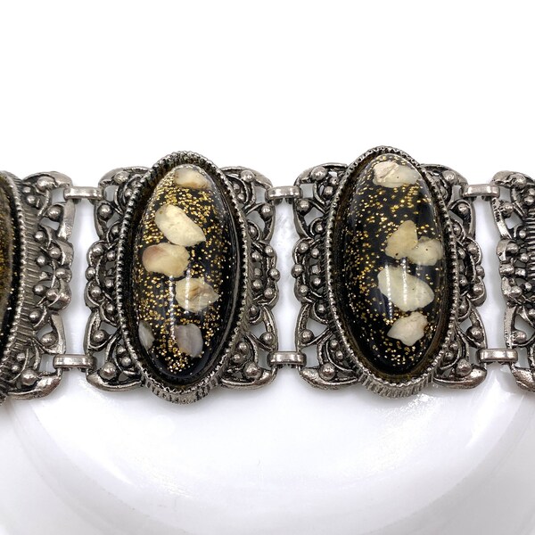 Vintage Unsigned Selro Selini Black Confetti Lucite Panel Bracelet Silver Tone Setting / Vintage Costume Jewelry