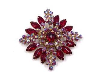 Vintage Flower Spray Brooch Red and AB Rhinestones Gold Tone Setting / Vintage Costume Jewelry